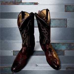 Tony Lama Black and Brown Exotic Leather Teju Lizard Skin Western Boots